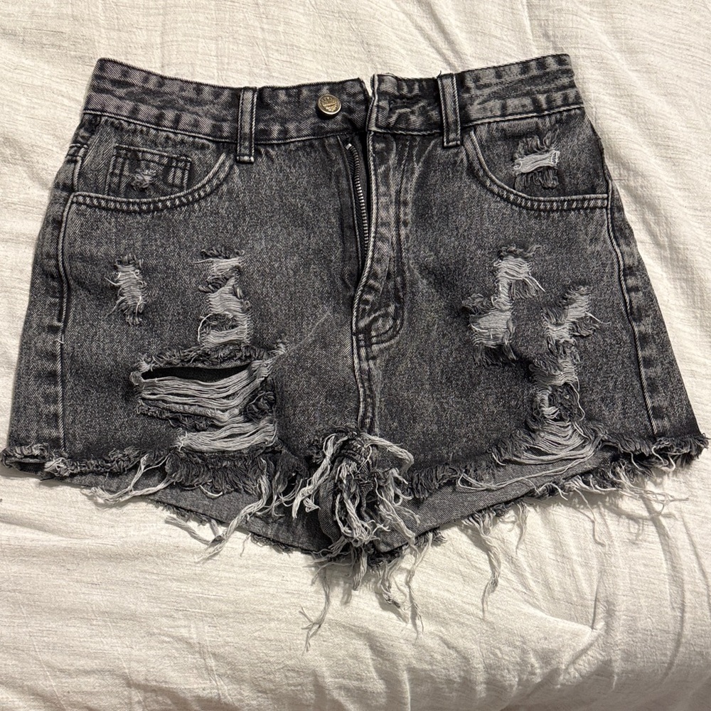 Distressed Charcoal Denim Shorts